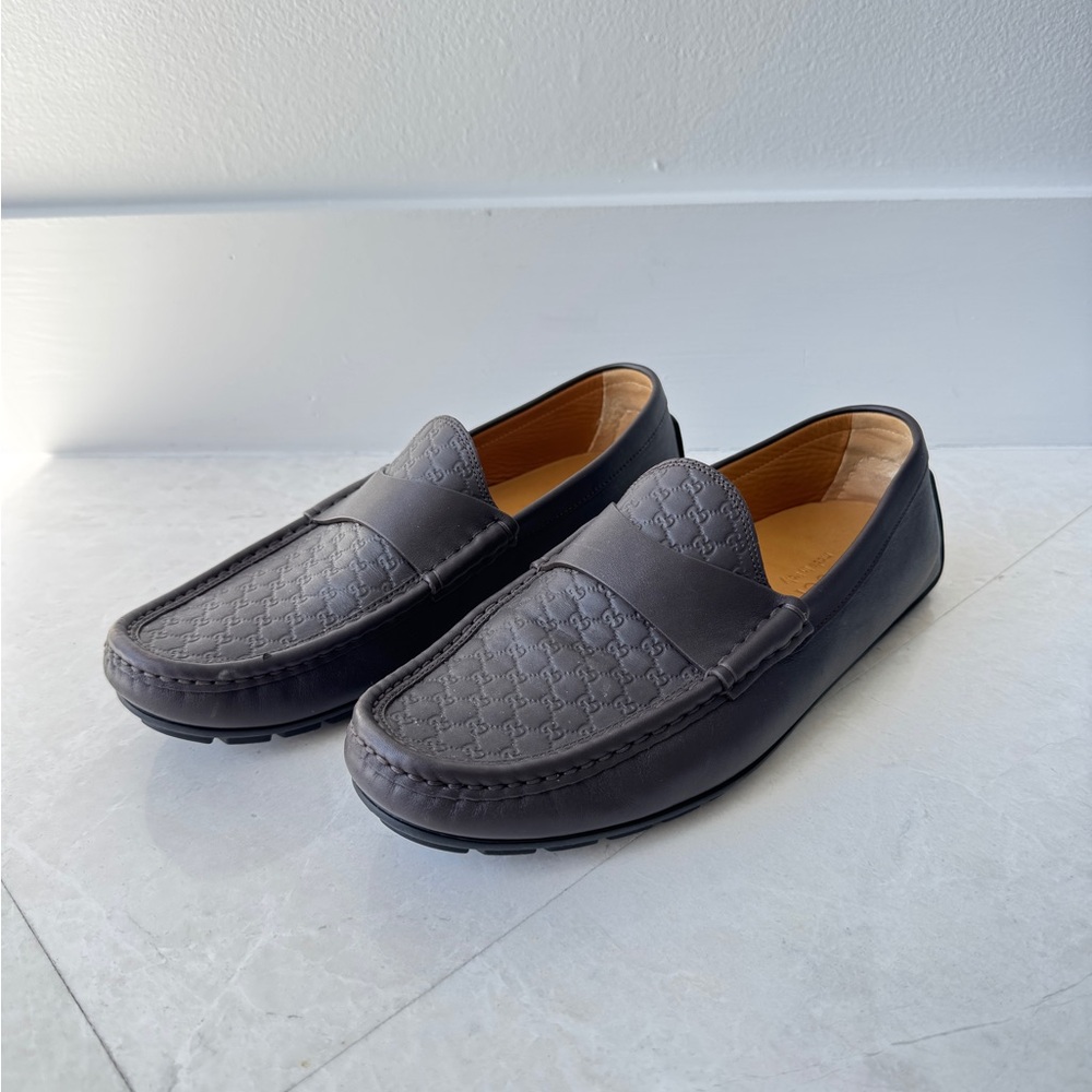 Mens Brown GUCCI Supreme Leather Loafers drivers size 8